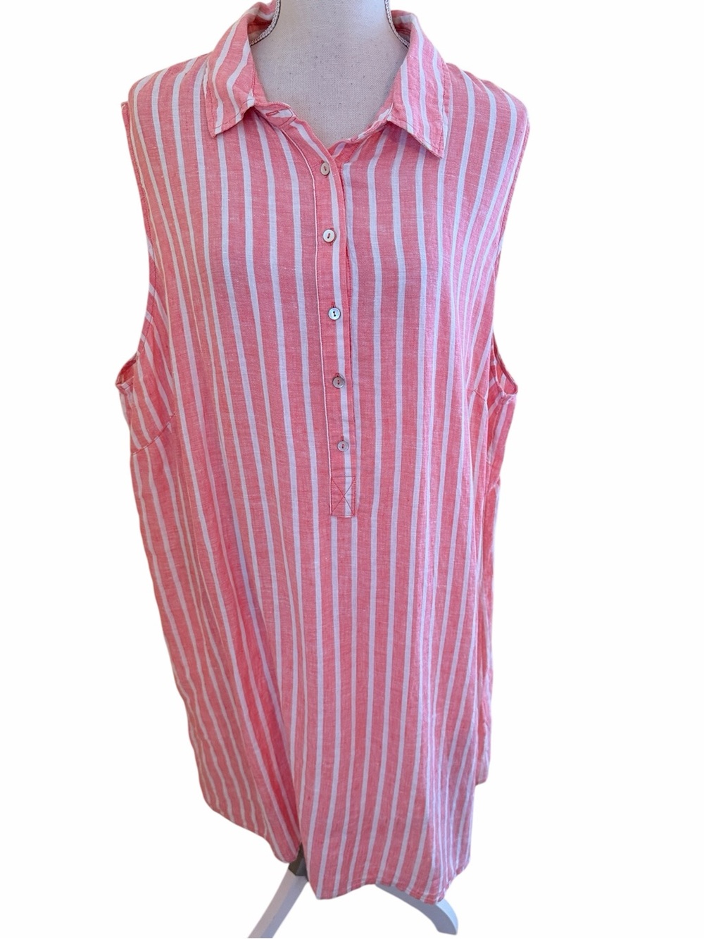 C&C California Sleeveless Pink Stripe Linen Button-Front Shirtdress 3X
